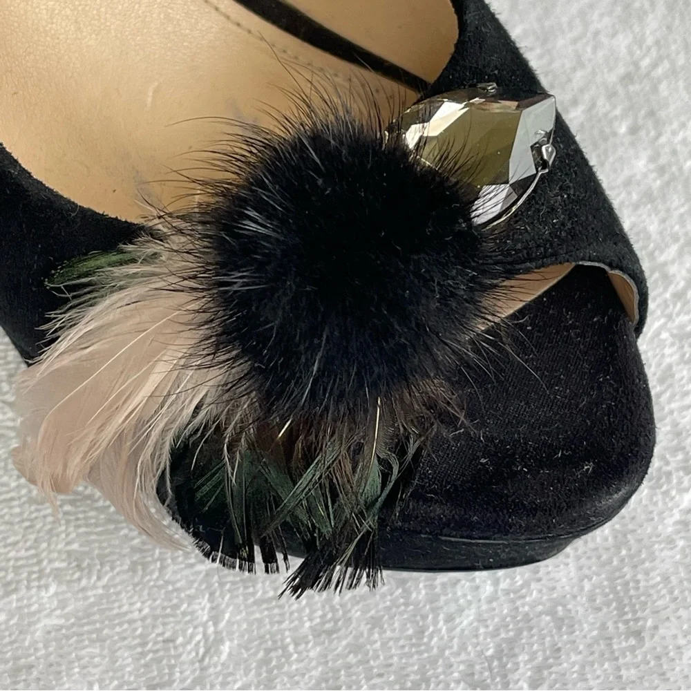 Enzo Angiolini Black Jeweled Black Suede Chunky Heel Platform Pumps. Size 9